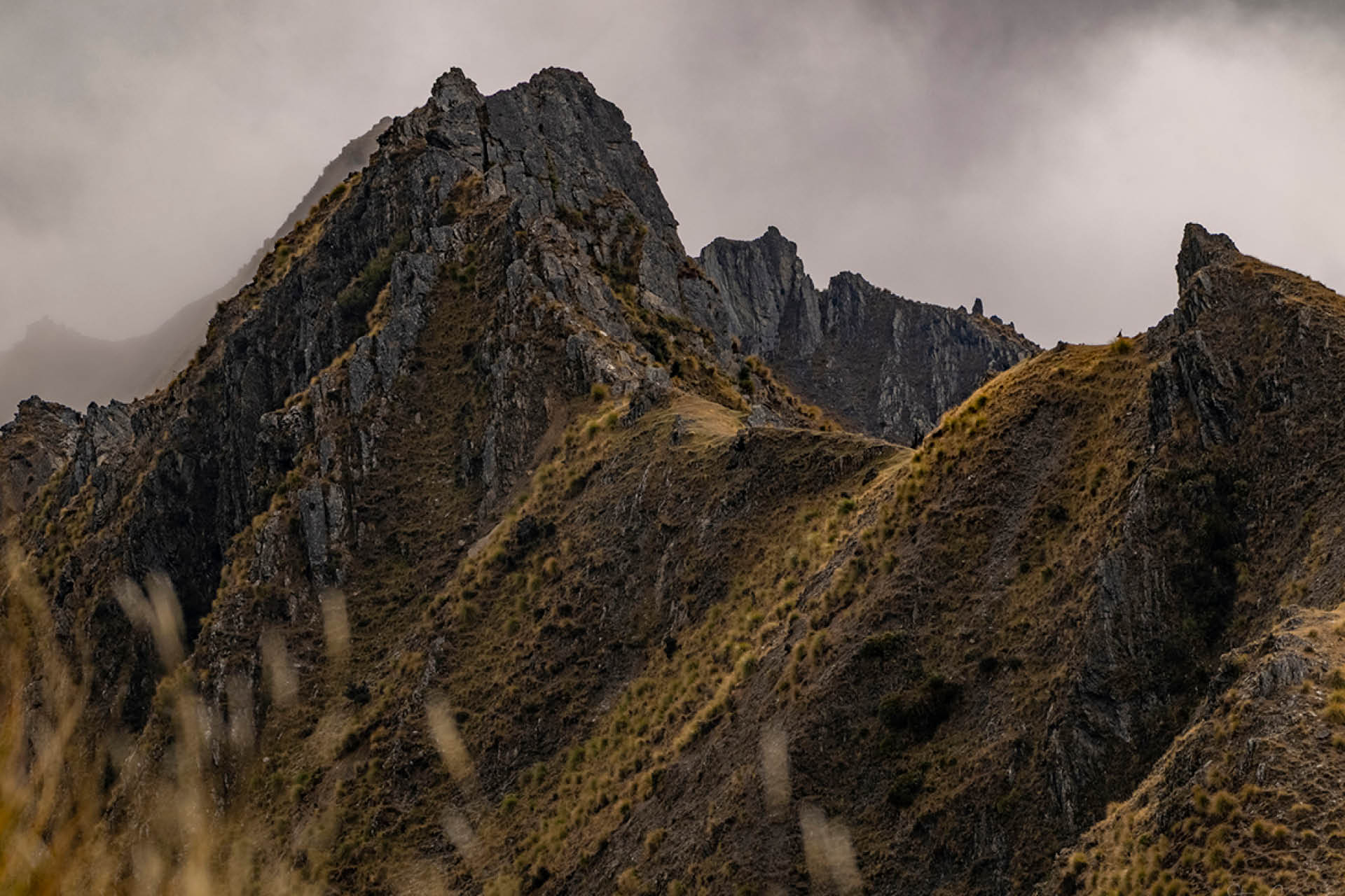 Rugged alpine peaks with golden vegetation and storm clouds in chamois habitat mountain landscape