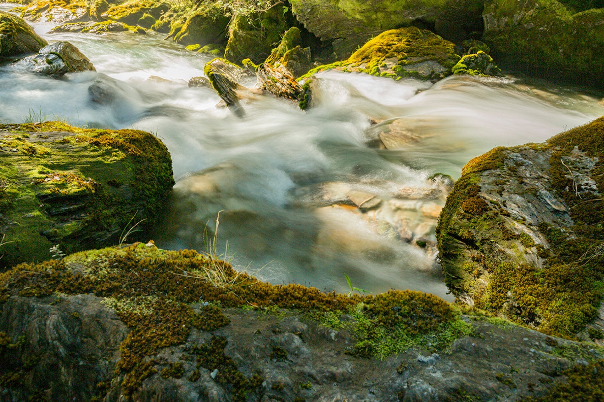 Ethereal long exposure New Zealand mountain stream rushing to sea in backcountry, with silky stillness amid bold colours and rugged landscapes under timeless skies.